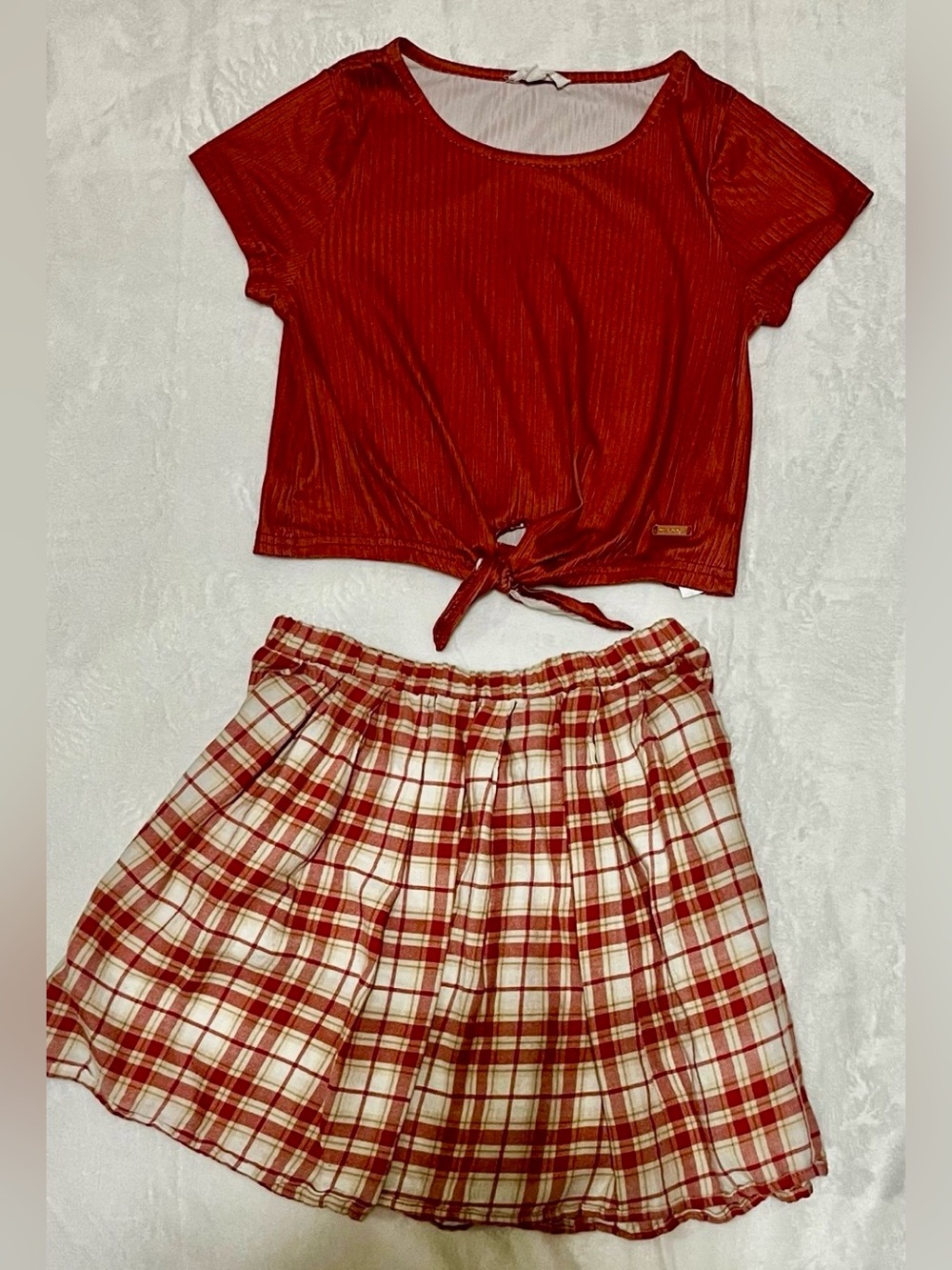 Kensie Girl Red Plaid Skirt and Red Tie-Front Top Kids Matching Set